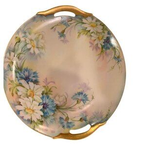 Antique Hand-Painted Floral Porcelain Serving Plate with Gold Handles